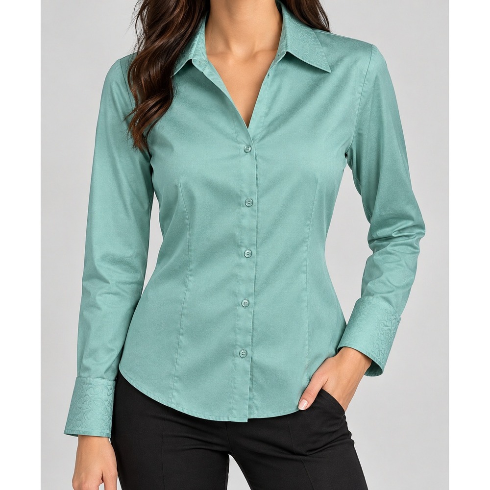 Casual Corner Non-Iron Fitted Blouse Teal Green Paisley Cuff Shirt Womens Small